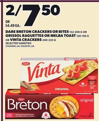 DARE BRETON CRACKERS OR BITES, OR GRISSOL BAGUETTES OR MELBA TOAST, OR VINTA CRACKERS from Zehrs